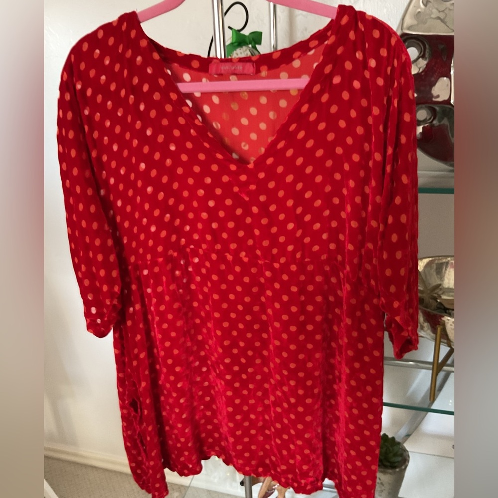 cut loose Red Polka Dot V-Neck Tunic burnt out velvet.